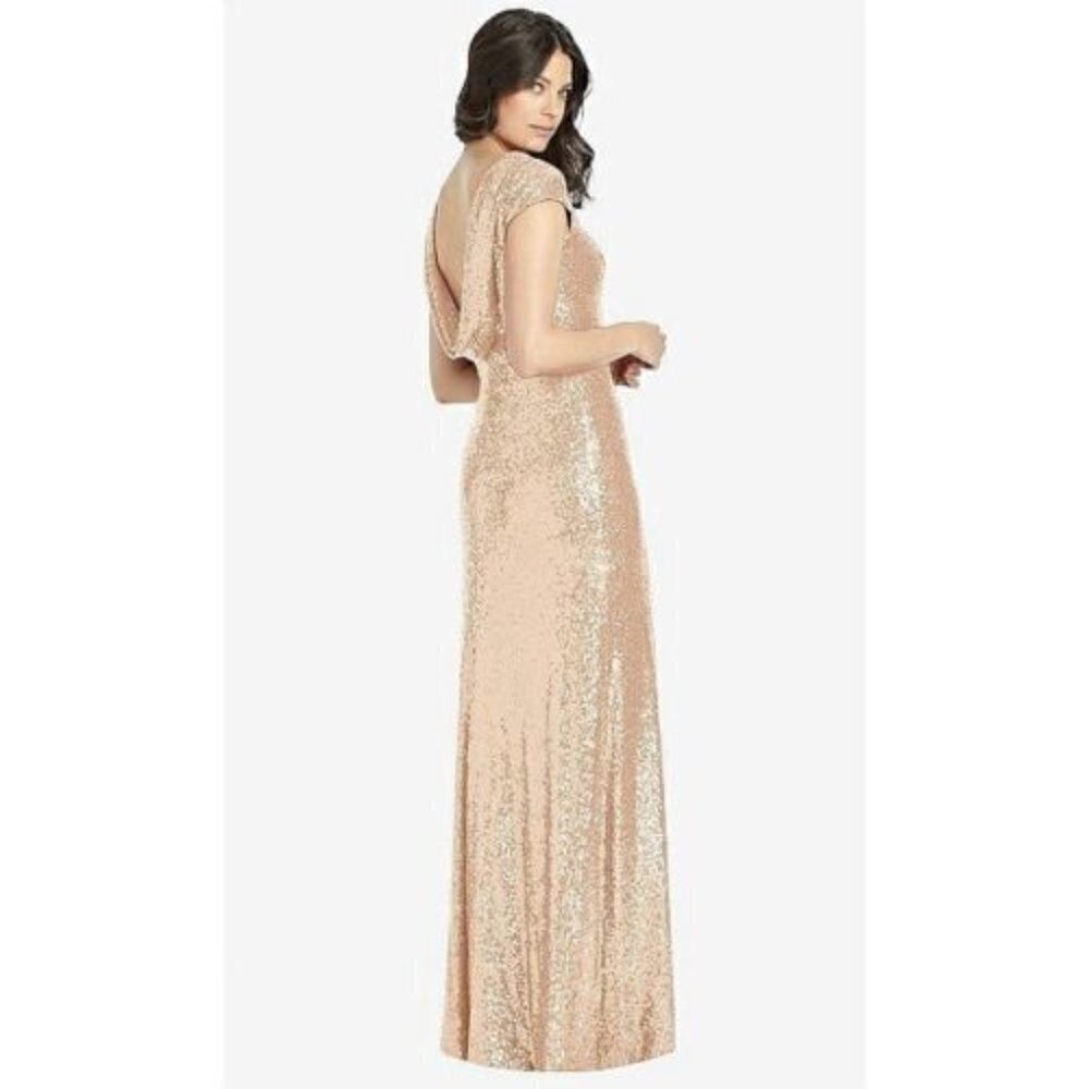 Dessy Collection Cap Sleeve Cowl Back Sequin Gown Front Slit Rose Gold 3…